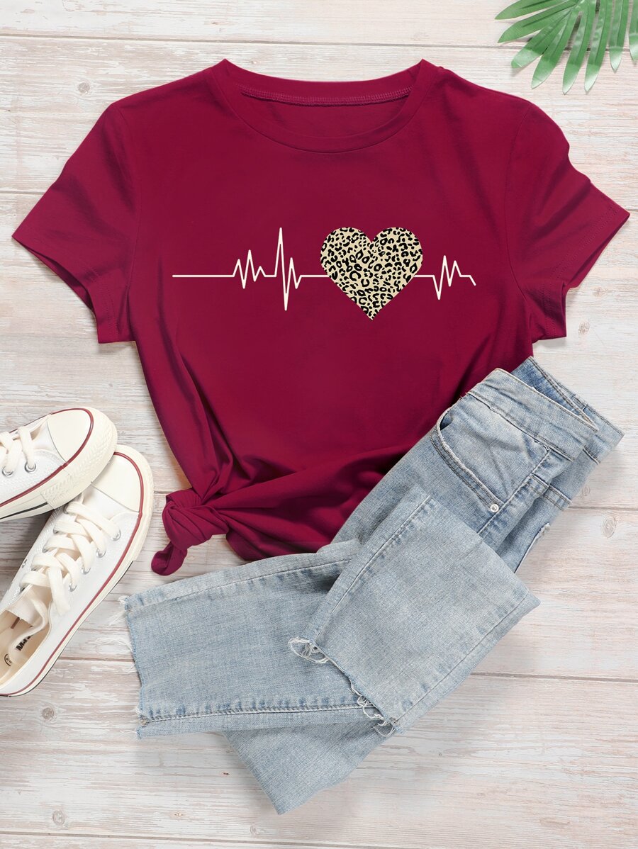 SHEIN LUNE Heart And Leopard Print Short Sleeve Tee - Burgundy - View 1