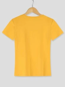 SHEIN LUNE Heart And Leopard Print Short Sleeve Tee - Yellow - View 2