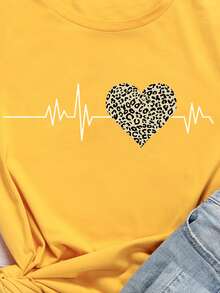 SHEIN LUNE Heart And Leopard Print Short Sleeve Tee - Yellow - View 3