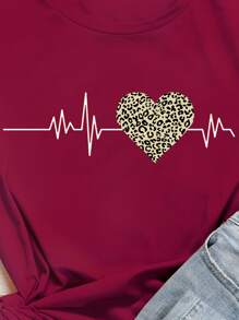 SHEIN LUNE Heart And Leopard Print Short Sleeve Tee - Burgundy - View 3