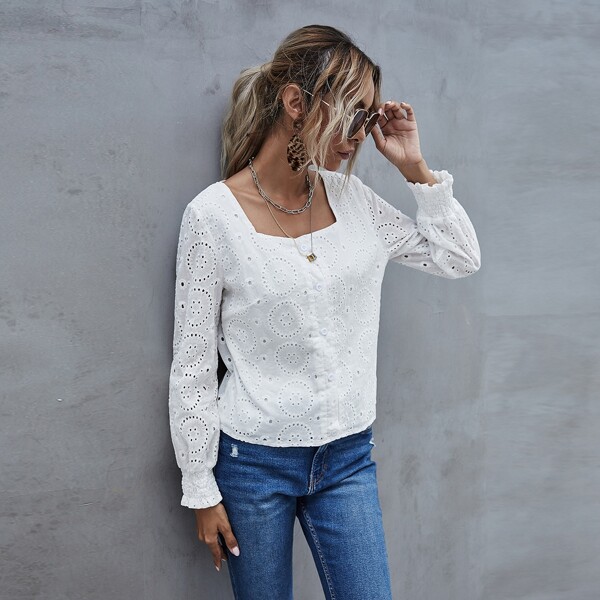 

Button Front Square Neck Schiffy Blouse, White