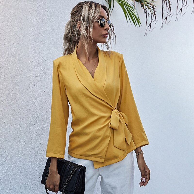 

Solid Shawl Collar Knot Side Wrap Blouse, Mustard yellow