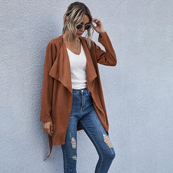 

Solid Waterfall Collar Belted Coat, Rust brown