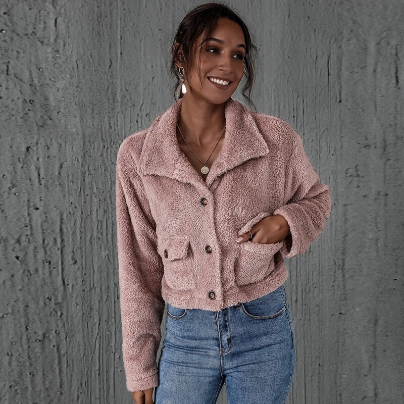 

Button Front Patch Pocket Teddy Jacket, Dusty pink