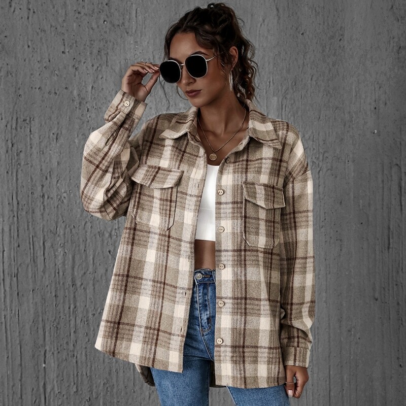 

Button Front Patch Pocket Plaid Coat, Black and white