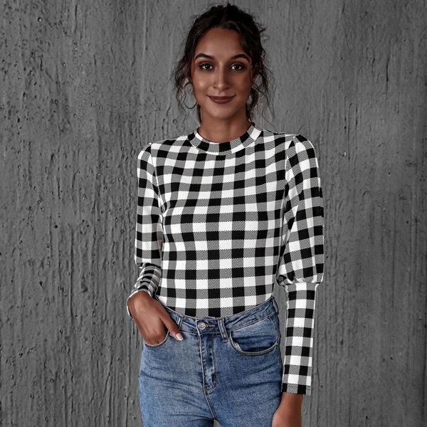 

Mock Neck Gigot Sleeve Gingham Tee, Black and white