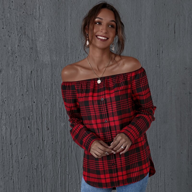 

Tartan Off-the-Shoulder Curved Hem Top, Multicolor