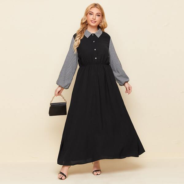 

Plus Contrast Houndstooth Shirt Dress, Black
