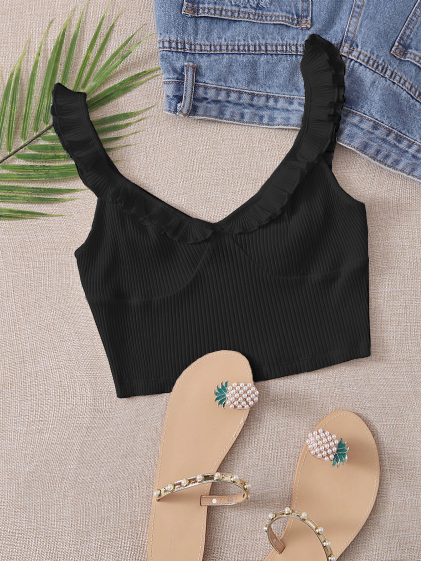 Ruffle Trim Rib-knit Crop Top thumbnail