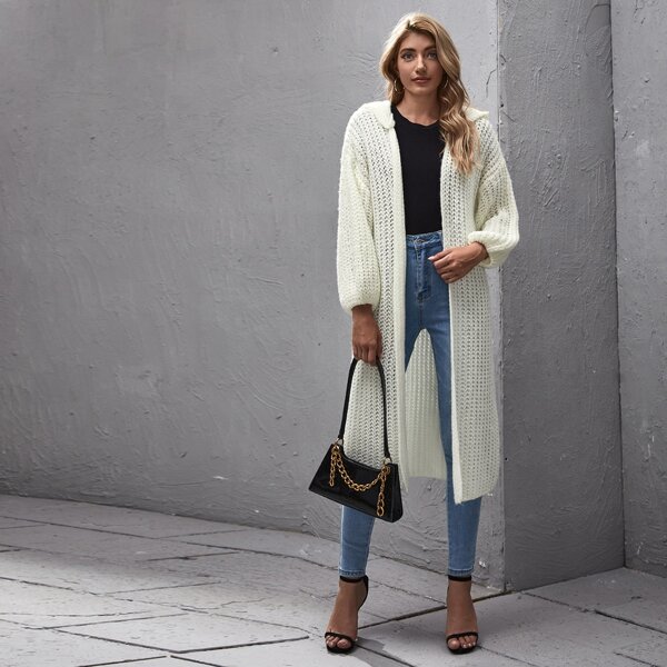 

Drop Shoulder Ribbed Knit Hooded Cardigan, Beige