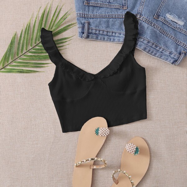 

Ruffle Trim Rib-knit Crop Top, Black