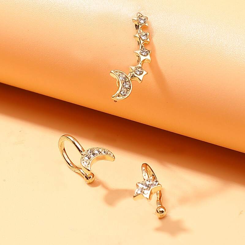 

3pcs Star & Moon Stud Earrings, Gold