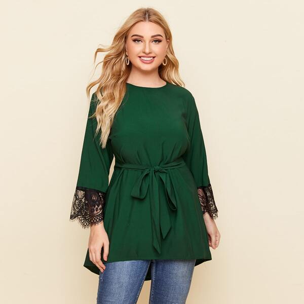 

Plus Contrast Lace High Low Belted Blouse, Dark green