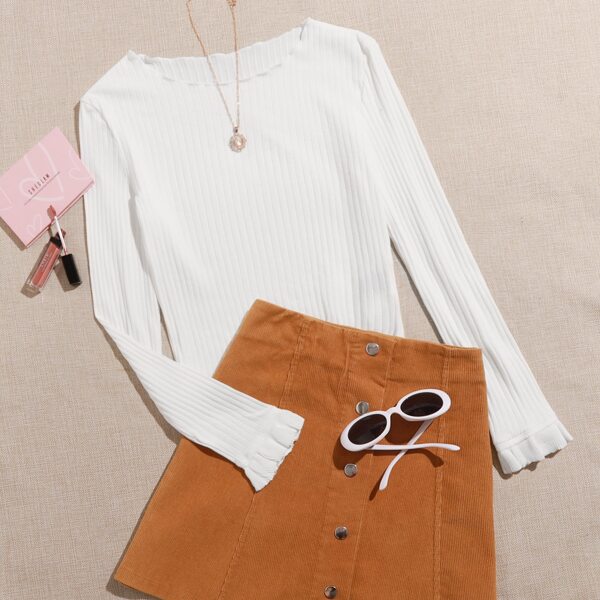 

Frill Cuff Lettuce Edge Rib-knit Tee, White