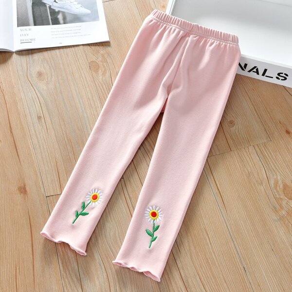 

Toddler Girls Floral Embroidery Lettuce Trim Pants, Baby pink