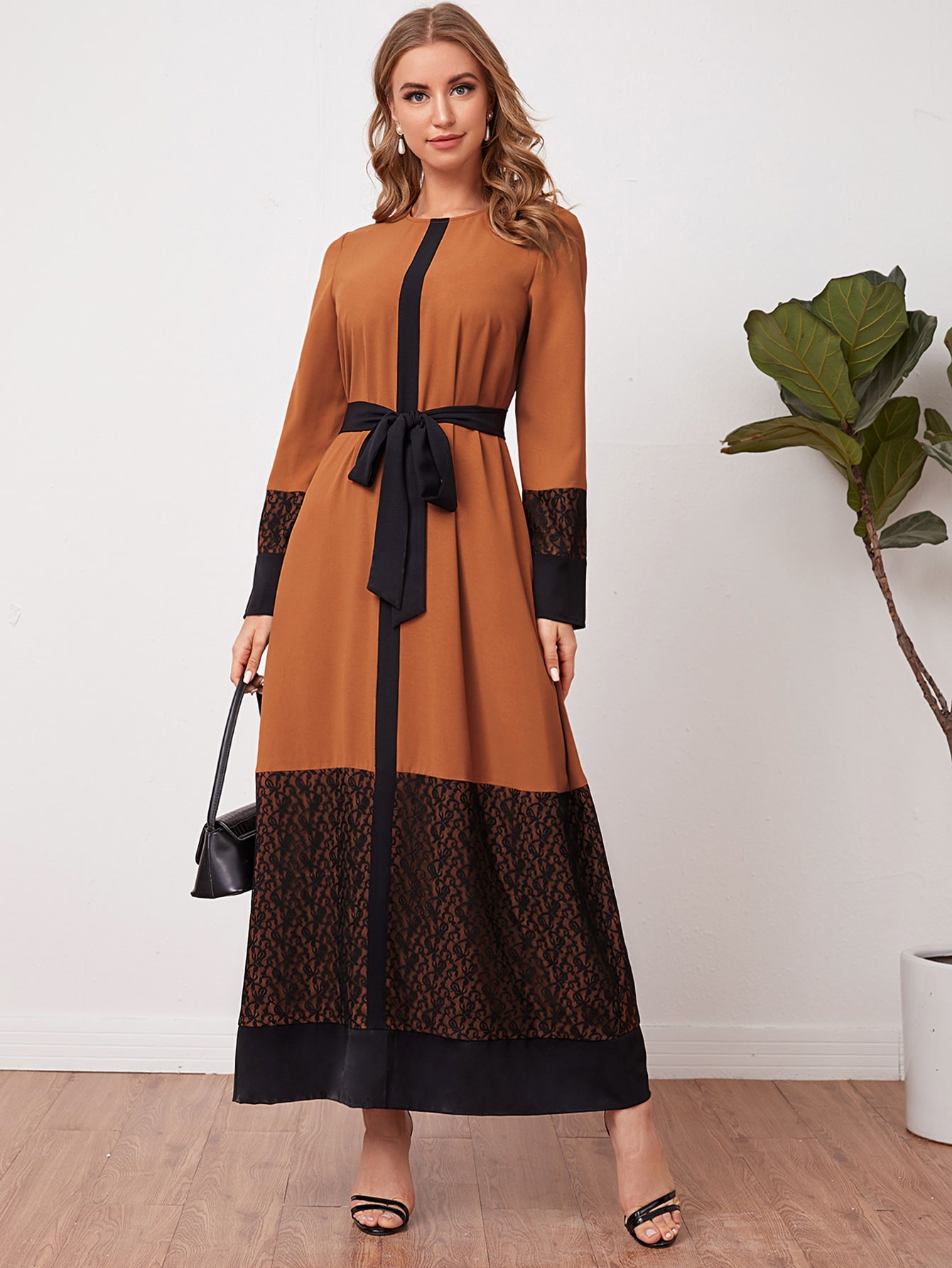 Lace Trim Two Tone Self Belted Dress thumbnail