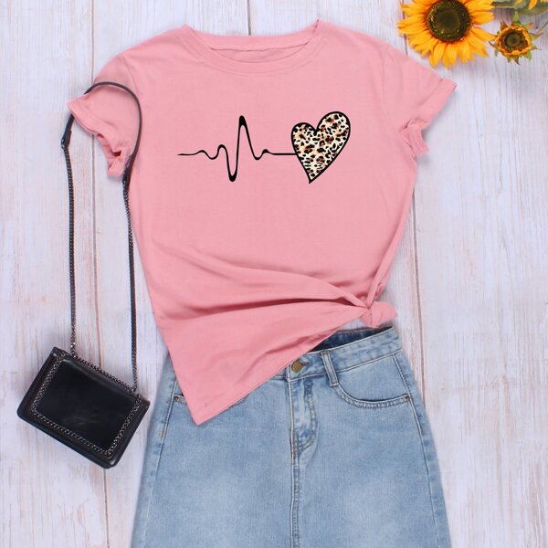 

ECG & Leopard Heart Print Tee, Pink pastel