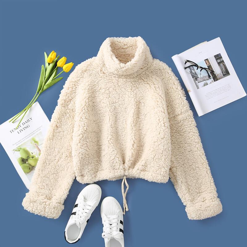 

Drawstring Hem Drop Shoulder Teddy Sweatshirt, Beige
