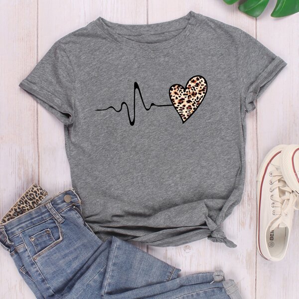 

ECG & Leopard Heart Print Tee, Grey