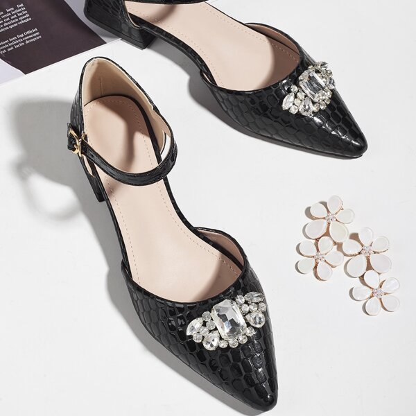 

Gemstone Decor Ankle Strap Flats, Black