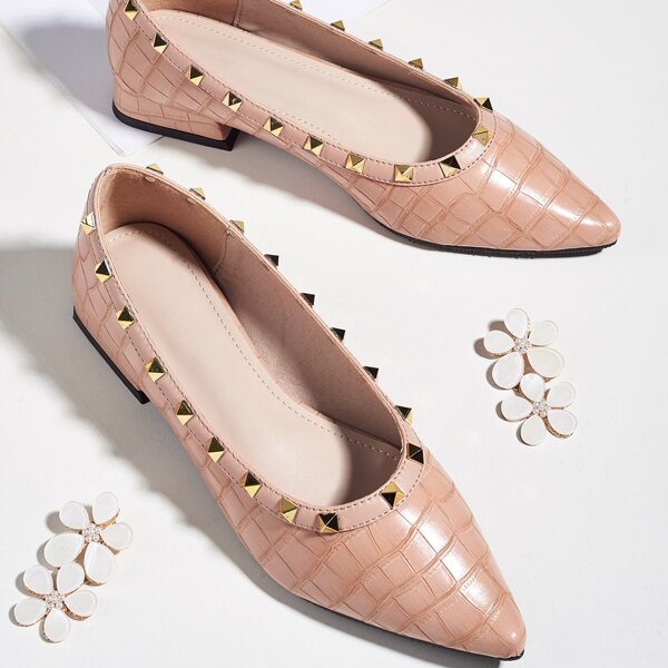 

Point Toe Rivet Decor Flats, Pink