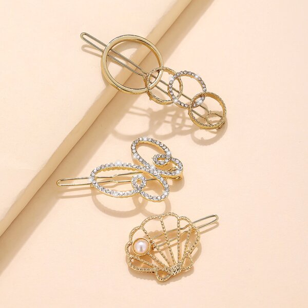 

3pcs Rhinestone Decor Hair Clip, Gold