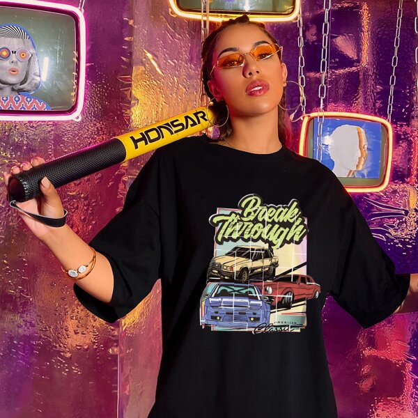 

Car And Letter Graphic Oversized Tee, Black