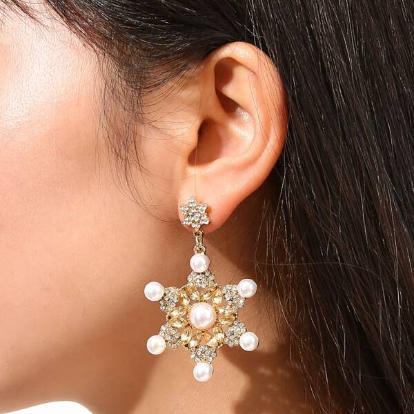 

Rhinestone & Faux Pearl Decor Drop Earrings, Gold