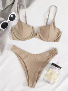 SHEIN Swim Conjunto de bikini acanalado con relleno y alambre en V para playa de verano
