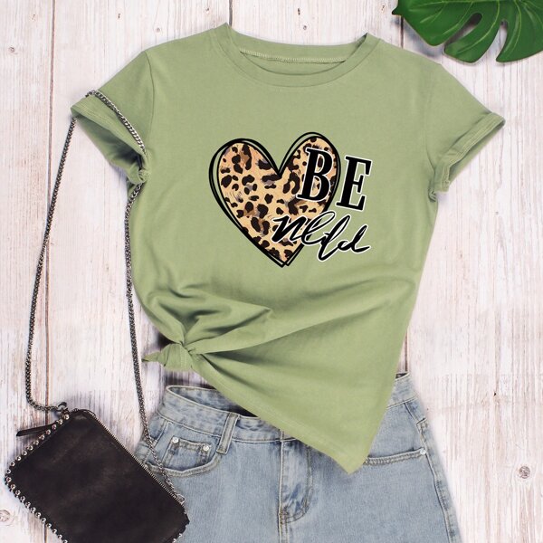 

Leopard Heart & Slogan Graphic Tee, Army green