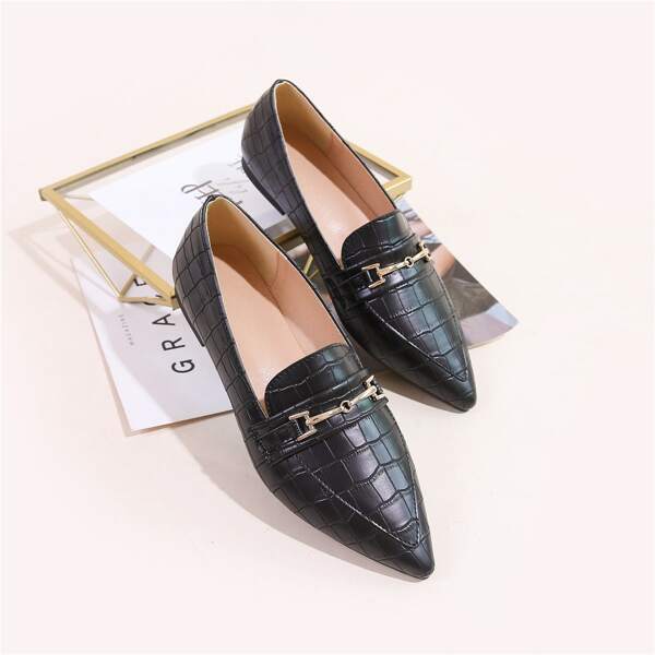 

Point Toe Croc Embossed Loafers, Black
