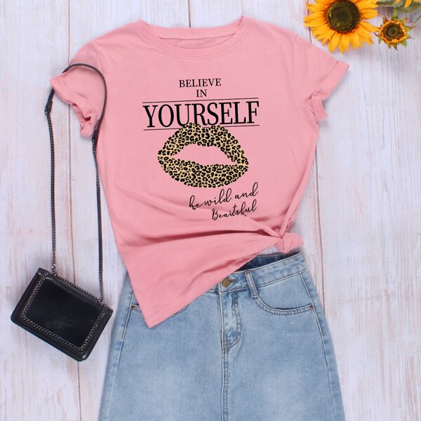 

Leopard Lip & Slogan Graphic Tee, Pink pastel