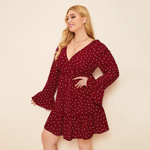 

Plus Confetti Heart Print Ruffle Hem Surplice Dress, Burgundy