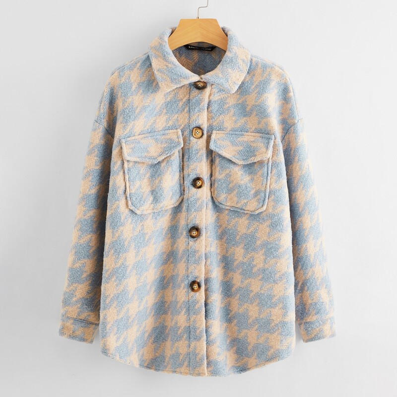

Flap Pocket Front Drop Shoulder Houndstooth Coat, Multicolor