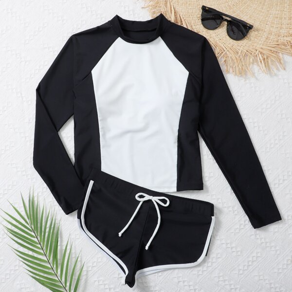 

Two Tone Tie Front Bikini Swimsuit, Black and white