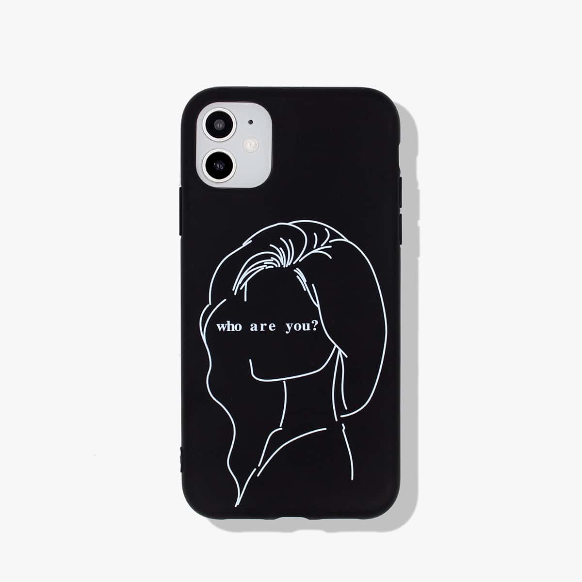 

1pc Line Drawing Pattern iPhone Case, Black