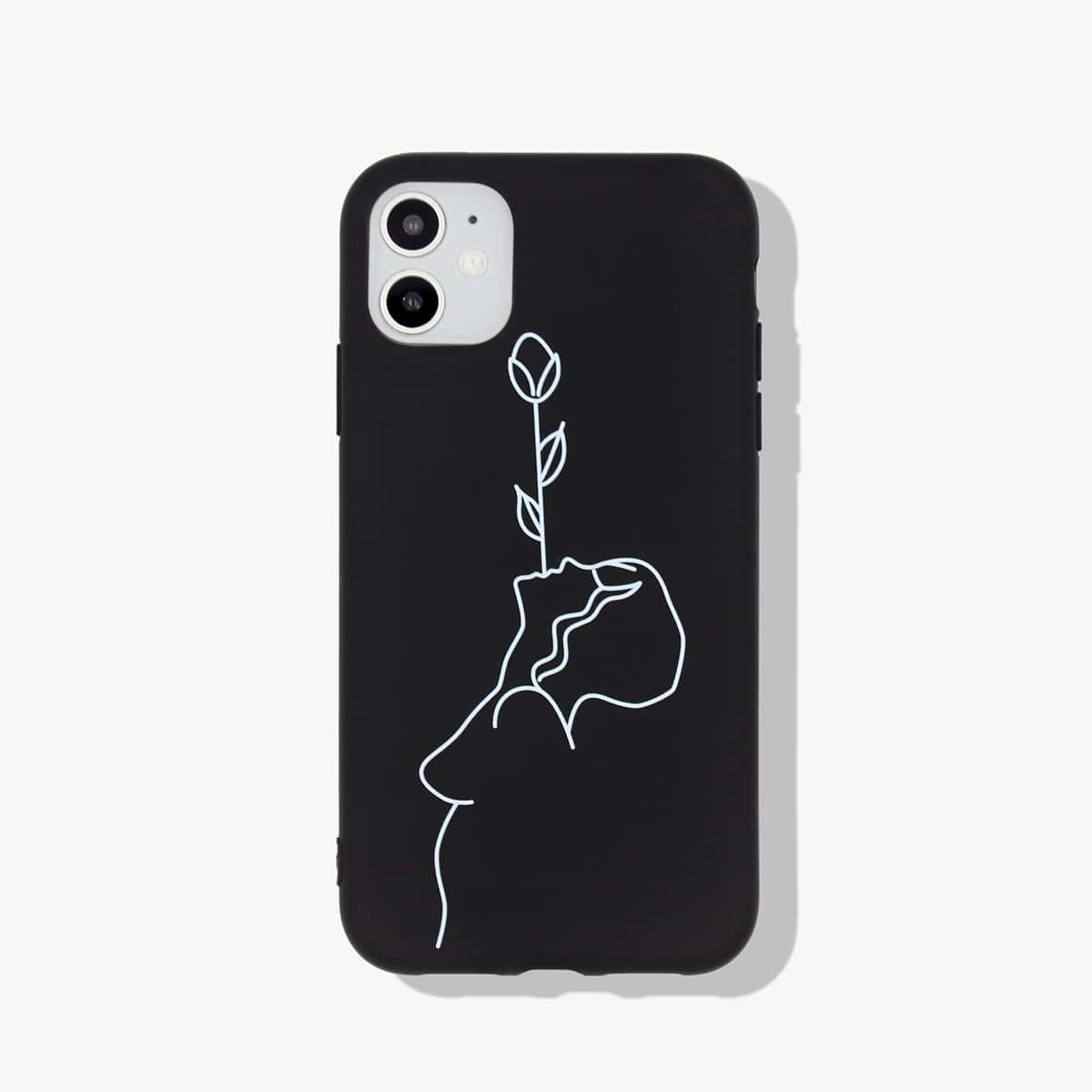 

1pc Line Drawing Pattern iPhone Case, Black