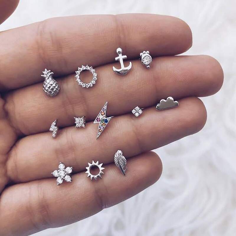 

12pcs Rhinestone Stud Earrings, Silver