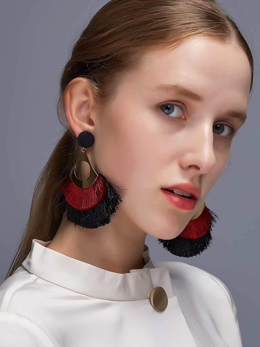 Tassel Decor Drop Earrings - Red - View 1