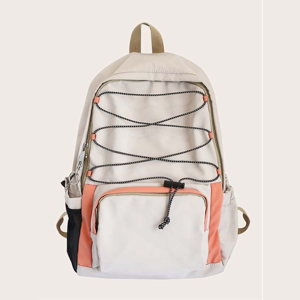 

Pocket Front Lace-up Decor Backpack, Beige