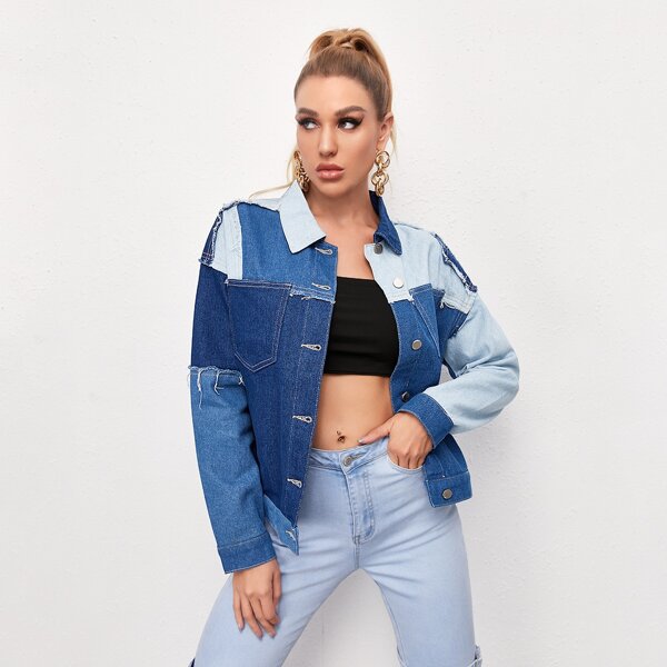 

Button Front Color Block Denim Jacket, Multicolor