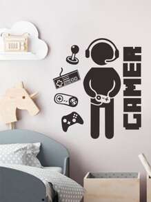 Gamer Graphic Wall Sticker, Black Self Adhesive Wall Art Decal For Home Decor - Black - View 1