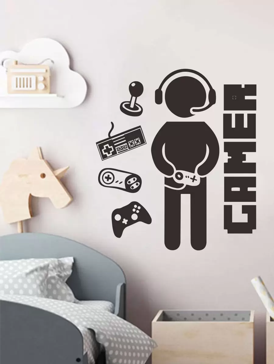 Gamer Graphic Wall Sticker, Black Self Adhesive Wall Art Decal For Home Decor - Black - View 1