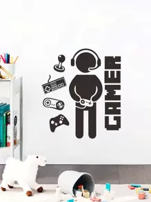 Gamer Graphic Wall Sticker, Black Self Adhesive Wall Art Decal For Home Decor - Black - View 3