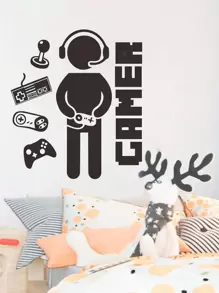 Gamer Graphic Wall Sticker, Black Self Adhesive Wall Art Decal For Home Decor - Black - View 5