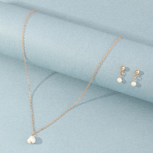 

1pc Faux Pearl Decor Necklace & 1pair Drop Earrings, Gold