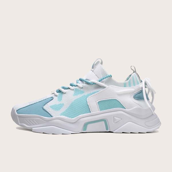 

Men Lace-up Decor Knit Chunky Sneakers, Blue and white