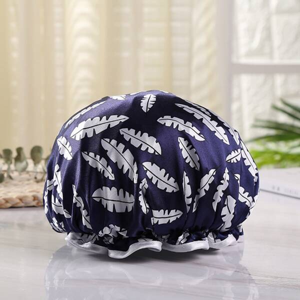 

1pc Leaf Print Shower Cap, Navy blue