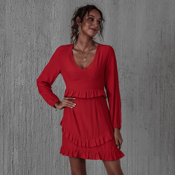 

Surplice Neck Ruffle Hem Solid Dress, Red