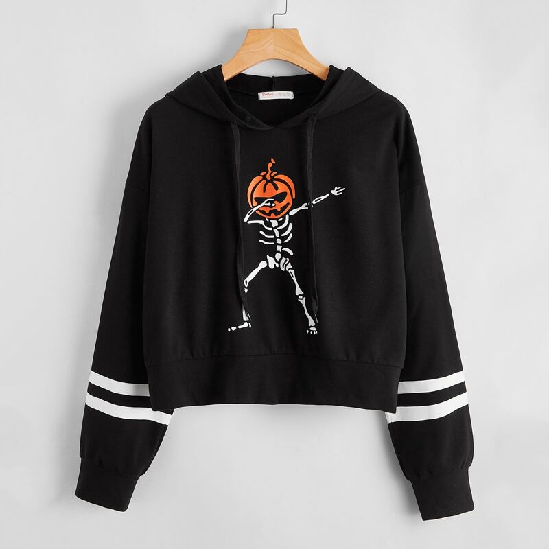 

Skeleton Striped Sleeve Hoodie, Black